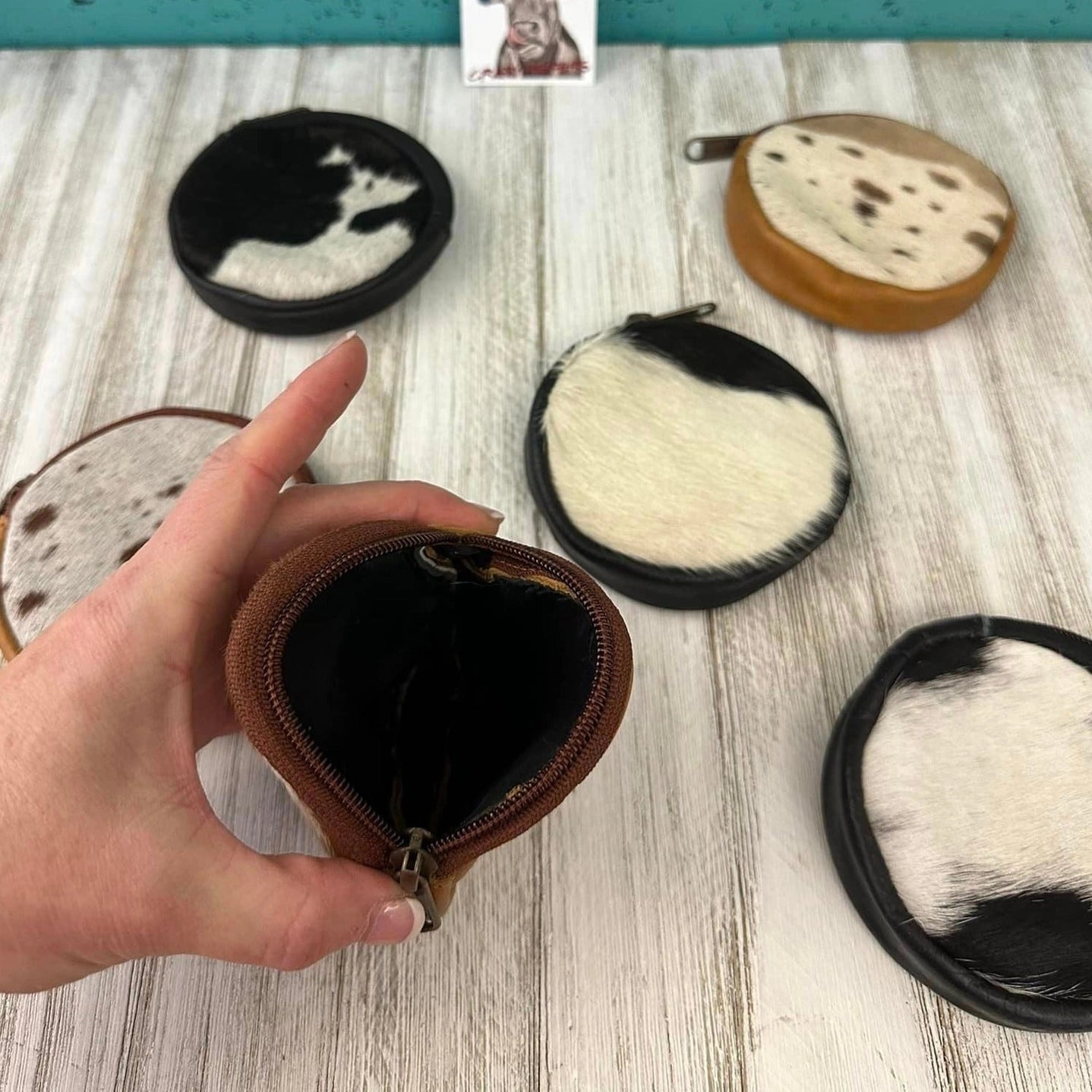 Cowhide Coin Purse Round Mixed Prints